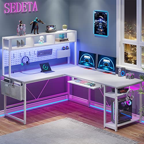 SEDETA White L Shaped Gaming Desk, Reversible Corner Desk with Power Outlet and Pegboard, L Shaped Desk with Hutch, Storage Shelf, Keyboard Tray, and LED Lights for Home Office, White - White With Power Outlet and Pegboard
