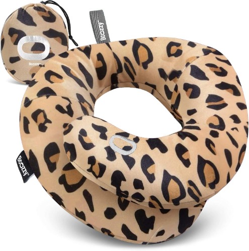 BCOZZY Neck Pillow for Travel Provides Double Support to The Head, Neck, and Chin in Any Sleeping Position on Flights, Car, and at Home, Comfortable Airplane Travel Pillow, Large, Gray - Large Gold Leopard