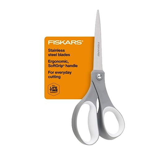 Fiskars Softgrip Contoured Performance Scissors All Purpose - Stainless Steel - 8" - Fabric Scissors for Office, Arts, and Crafts- Grey - 8" All Purpose