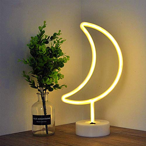 Fiee Moon Shaped Neon Signs,Led Safety Art Wall Decoration Lights Neon Lights Night Table Lamp with Battery Powered/USB for Kids Gift,Baby Room,Wedding(Warm White Moon) - Warm White Moon with Holder