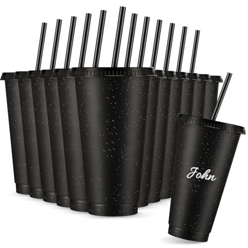 12 Pcs Reusable Cups with Lids and Straws 24 oz Glitter Iced Coffee Tumbler Plastic Travel Mug Cup for Smoothie Juices Parties Birthdays, Flamingo Party Bachelor Party (Black) - 12 - Black