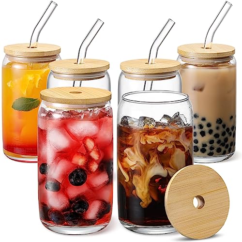 [ 6pcs Set ] Glass Cups with Bamboo Lids and Glass Straw - Beer Can Shaped, 16 oz Iced Coffee Drinking Glasses, Cute Tumbler Cup for Smoothie, Boba Tea, Whiskey, Water - 2 Cleaning Brushes
