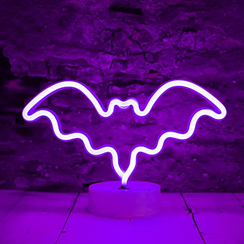 LED Neon Bat Lights Purple, Bat Shape Neon Signs Night Lights Battery Operated Desk Table Lamp for Bedroom, Bar, Wall, Halloween Decor-Bat with Holder Base(Purple) - Purple