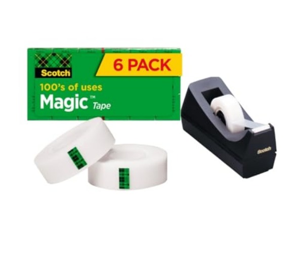 Scotch Desk Tape Dispenser, 1in. Core, Black & Magic Tape, 3/4 x 1000 Inches, 6-Count Package - 1 Pack + 6 Pack Tapes