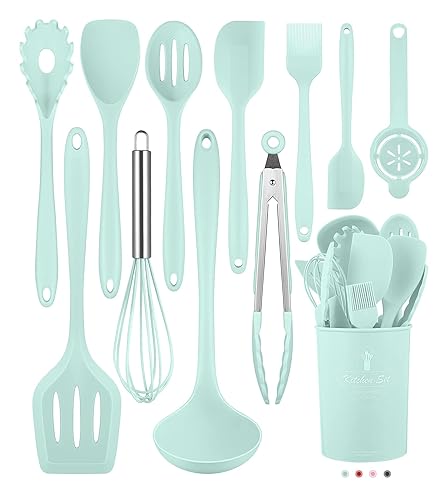 Kitchen Utensils Set-12 Pieces Silicone Cooking Utensils Set (Dishwasher Safe) 392°F Heat Resistant Spatula Set,Kitchen Utensil Set for Nonstick Cookware,Best Kitchen Tools with Holder - Green