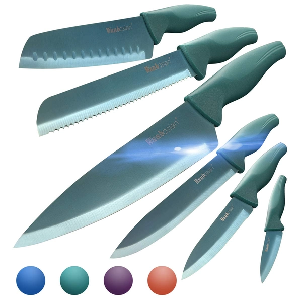Wanbasion 7 Piece Blue Kitchen Knife Set with Magnetic Strip, Kitchen Knife Set Stainless Steel, Sharp Knife Set for Kitchen for Meat Vegetable Cutting