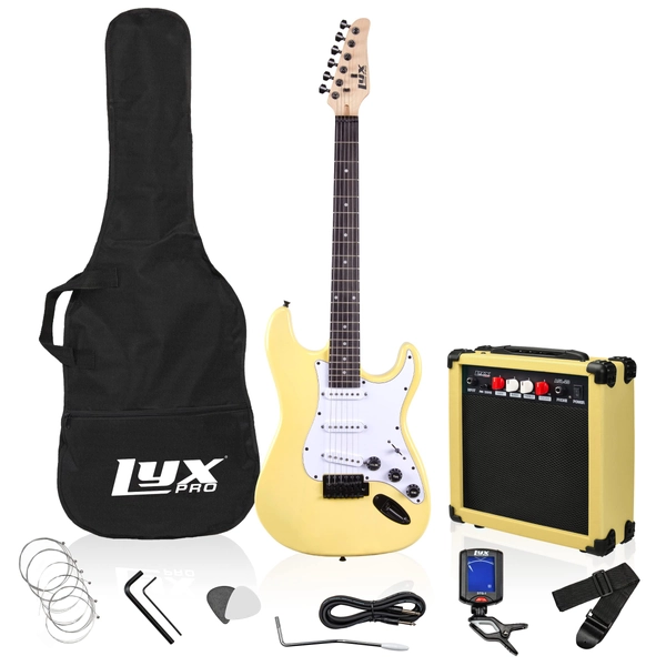 LyxPro 39 inch Electric Guitar Kit Bundle with 20w Amplifier, All Accessories, Digital Clip On Tuner, Six Strings, Two Picks, Tremolo Bar, Shoulder Strap, Case Bag Starter kit Full Size - Retro Yellow