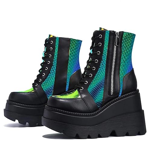 BORAMAX Platform Ankle Boots With Chunky Block Heels for Women Goth Boots Buckle Strap Wedge Platform Chelsea Boots - 10.5 - A-black
