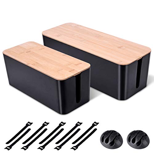 2 Pack Large Cable Management Box – Wooden Style Cord Organizer Box and Cover for TV Wires, Computer, Router, USB Hub and Under Desk Power Strip – Safe ABS Material and Baby-Pets Proof Lock (Black) - Black