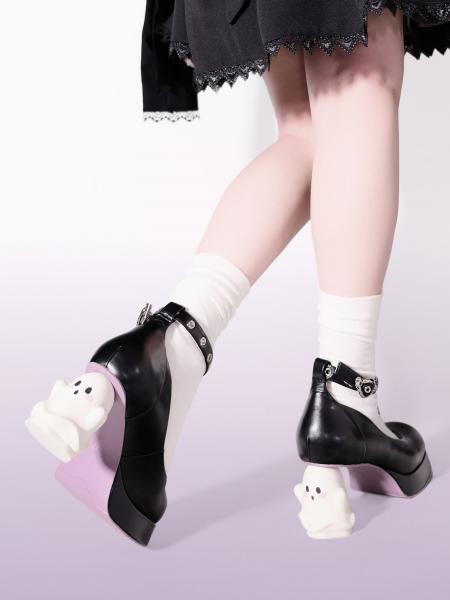 [$72.00]Cute Ghost Heel Black Ankle Strap Shoes Cross Decorative