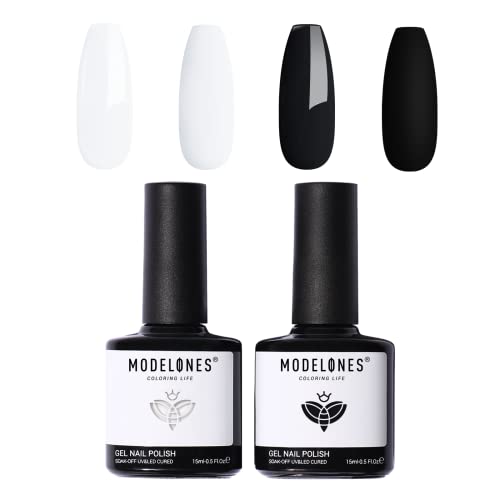 Modelones Gel Nail Polish, 2 Pcs 15 ml White Black Gel Polish Soak Off LED Fingernail Polish [Long Lasting] [Vegan] Nail Lacquer Nail Art Manicure Kit DIY at Home Beauty Gifts 0.5 Oz - A1-Black White