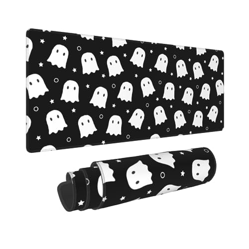 Cute Ghost Mouse Pad XL 31.5 X 11.8 Inch Halloween Kawaii Spooky Funny Design Black White Gaming Mousepad Extended Large Laptop Keyboard Desk Mat Non-Slip Rubber Base Stitched Edges for Home Office - Black-halloween