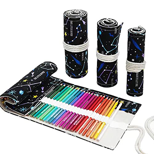 Maydahui Canvas Colored Pencil Roll Wrap 24/48/72 Slots Coloring Pencil Holder Organizer Storage Pouch Portable for Artist Drawing(Night Sky,72Slots) - Black Sky - 72 Slots