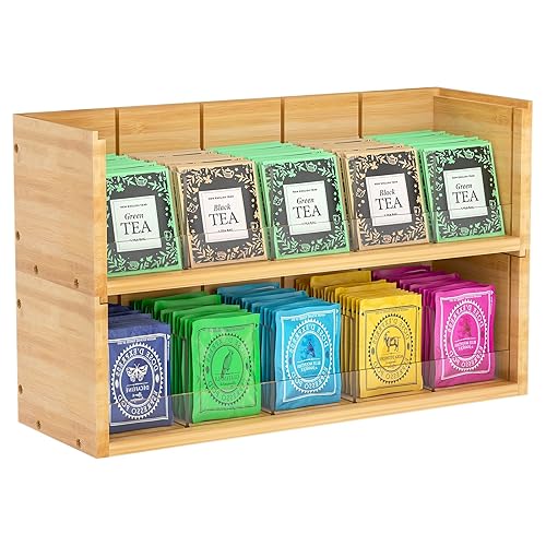Bamboo Tea Bag Organizer for Countertop, 2-Tier Stackable Tea Box Natural Wood, Wall Mount Tea Bag Holder with 10 Adjustable Acrylic Partitions, Separated/Vertical Tea Chest for Office Kitchen Cabinet