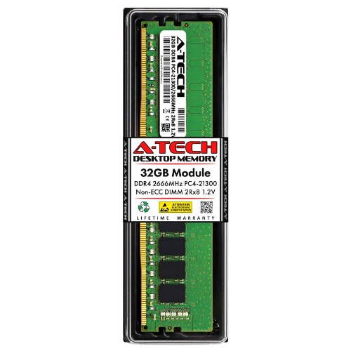 A-Tech 32GB DDR4 2666 MHz UDIMM PC4-21300 (PC4-2666V) CL19 DIMM 2Rx8 Non-ECC Desktop RAM Memory Module - 32GB
