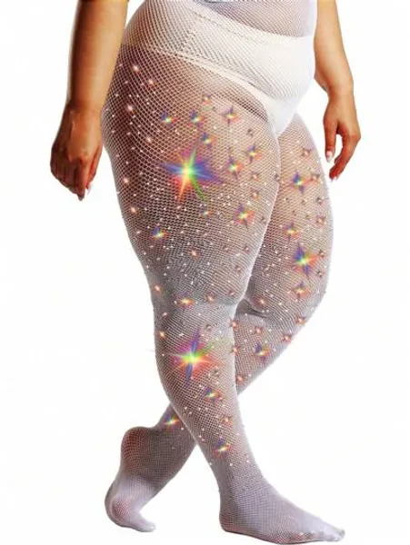 1 Pair Powerhouse Sturdy Radiant Rhinestone Fishnet Stockings, Plus Size Tights Club Outfits For Women