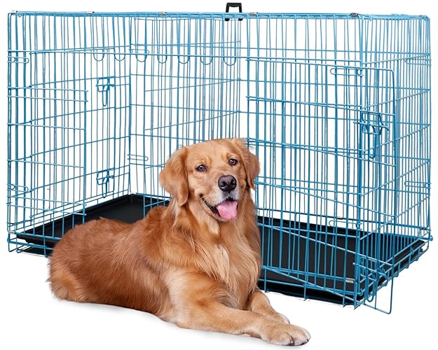BestPet 24,30,36,42,48 Inch Dog Crates for Large Dogs Folding Mental Wire Crates Dog Kennels Outdoor and Indoor Pet Dog Cage Crate with Double-Door,Divider Panel, Removable Tray (Blue, 48") - Blue - 48"