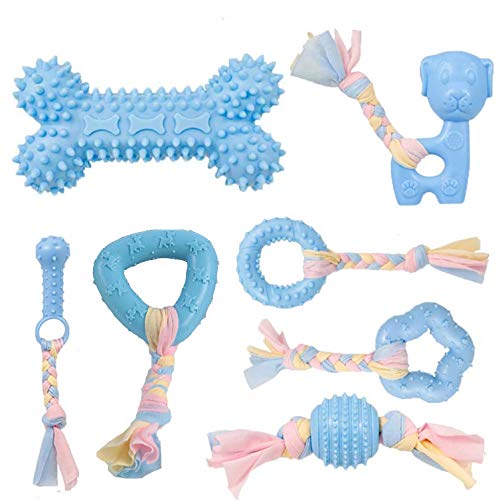 CAMITER Dog Chew Toys, 7pcs Dog Puppies Teething Chewing Toy Set with Ball and Colorful Ropes, Interactive Pet Toys for Small and Medium Dogs (Blue) - Blue
