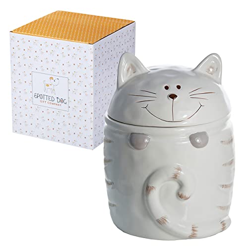 Spotted Dog Gift Company Cat Kitchen Canister for Countertop, Ceramic Food Storage Container with Lid for Sugar Flour, Cute Cat Treat Jar, Kitchen Accessories Decor Gifts for Cat Lovers, White 16oz - Off White