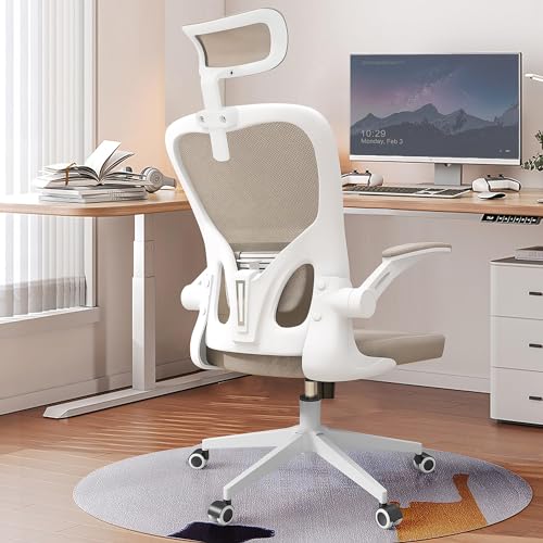 Monhey Office Chairs, Ergonomic Office Chair, Computer Chair with Adjustable Headrest, Lumbar Support, 2D Armrest, Metal Base and Iron Legs, Beige Mesh Office Chair - H Beige