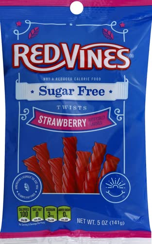 Red Vines Sugar Free Licorice, Strawberry Flavor, Soft & Chewy Candy Twists, 5oz Bags (12 Pack) - Strawberry