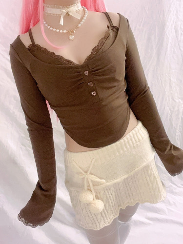 Brown Button Up Coquette Crop Top - M