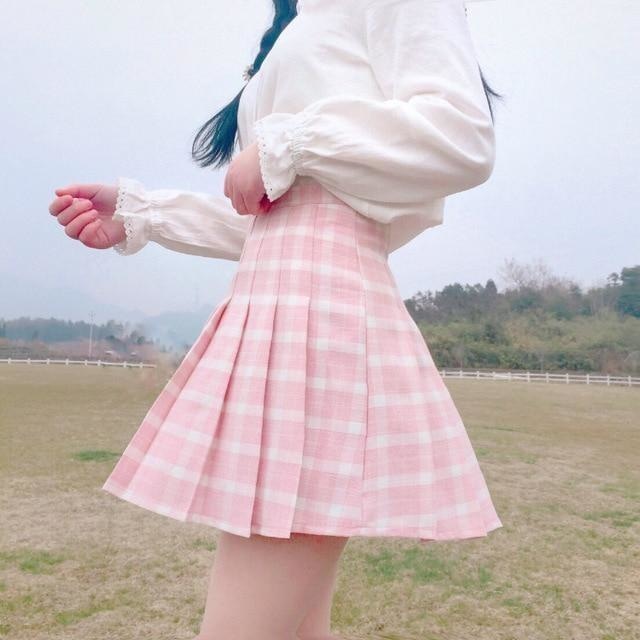 Pink Plaid School Girl Skirt - Pink / M