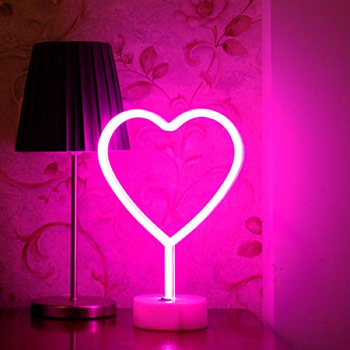 BHCLIGHT Pink Heart Neon Sign, LED Neon Light Battery Operated or USB Powered Decorations Lamp, Table Decoration Light for Girl's Room Dorm Wedding Anniversary Valentines Day Bedroom Classroom Déco - Pink Heart