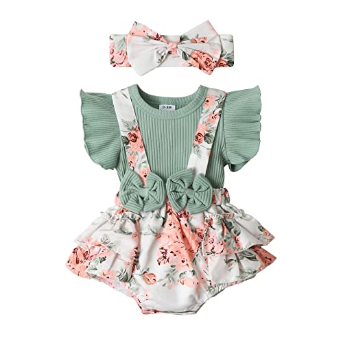 Newborn Baby Girl Clothes Infant Romper Floral Suspender Dress Ruffle Sleeve Onesie Outfit Jumpsuit Headband Spring Summer - Green - 0-3 Months