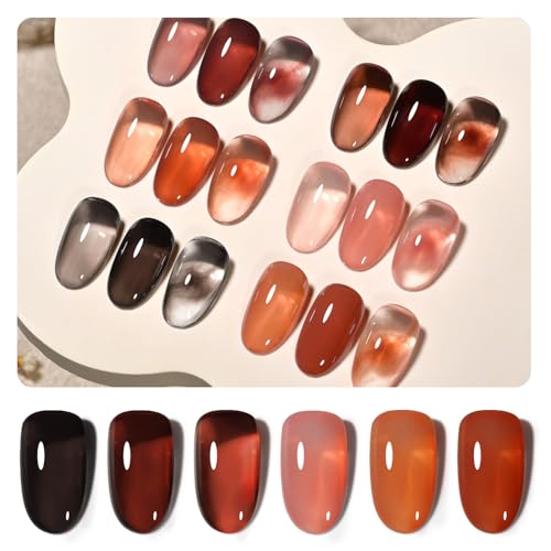 GAOY Jelly Gel Nail Polish of 6 Transparent Milker Nude Brown Red Pink Colors Sheer Gel Polish Kit for Salon Gel Manicure and Nail Art DIY at Home - Vibrant Brown