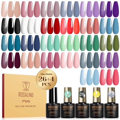 ROSALIND 30PCS Gel Nail Polish Set with Base Glossy Matte and Glitter Top Coat Gel Polish, Multicolored Gel Nail Set Long Lasting DIY Manicure Gifts - 30pcs Multi-Colored - 0.17 Fl Oz (Pack of 30)