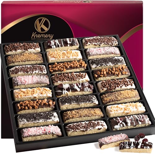 KREMERY Creamy Chocolate Cravings - Chocolate Covered Biscotti Cookies Gift Basket (24 Count) Appreciation Birthday Sweet Treats - Assorted Candy Toppings - Kosher Parve