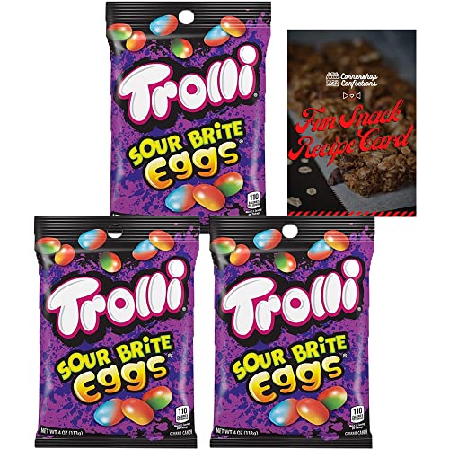 Trolli Sour Brite Eggs Bundle Pack - 3 Bags of Trolli's Sour, Fruity, Chewy, Egg-Shaped Candy - Fat-Free, Individually Sealed Bags for Work, Lunch Box, Road Trips - With Fun Homemade Snack Recipe Card - Sour Brite Eggs - 3 Pack