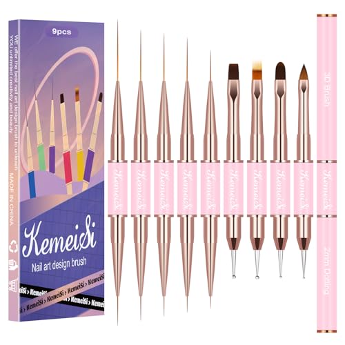 KEMEISI Nail Art Brush Set, 9PCS Double-Ended Acrylic Nail Liner Brush Dotting Pen for Gel Polish Nails, Nail Design Tools for Professional Manicure DIY Home Salon - 9PCS - Pink