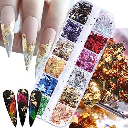 Holographic Nail Glitter Foils, 12 Colors Sparkly Ultra-Thin Aluminum Foil Nail Art Flakes Design, Laser Nail Sequins Acrylic Supplies for Women Girls Manicure Charms Decorations, DIY 3D Nail Art Tips - Foils