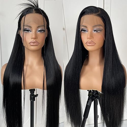 MITIMES 13x6 Long Straight Lace Front Wigs Natural Black Glueless Straight Hair Lace Front Wig Pre Plucked Yaki Synthetic HD Lace Front Wig 32inch - 13x6 - Natural Black