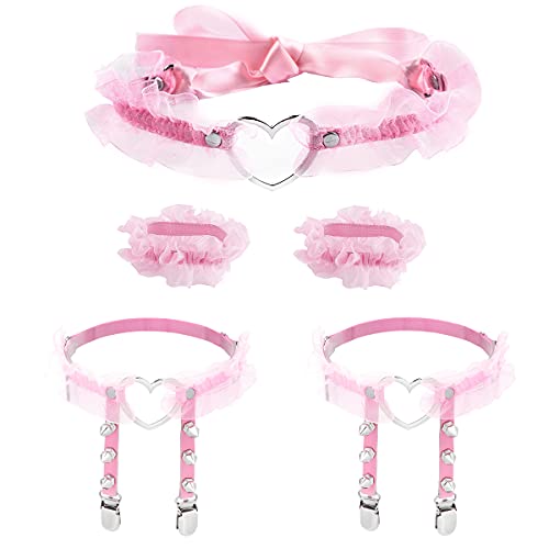 Eigso Gothic Garter for Women Heart Leg Ring with Rivets Elastic Lace Bracelets Choker Set - Pink