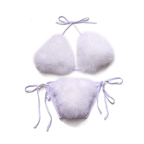 ZOSCGJMY Women's Faux Fur Halter String Triangle Bikini Sets Two Piece Swimsuits - One Size - White