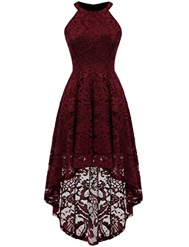 Dressystar Women's Halter Floral Lace Cocktail Party Dress Hi-Lo Bridesmaid Dress - Burgundy - XX-Large