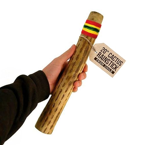 Africa Heartwood Project 20" Cactus Rainstick from Chile - Authentic Handcrafted Rain Stick Musical Instrument with Rasta Yarn Wrap and Durable Sealant - Red, Yellow, Green Yarn