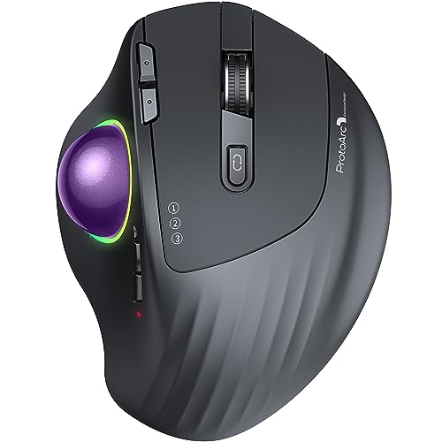 ProtoArc Wireless Bluetooth Trackball Mouse, EM01 2.4G RGB Ergonomic Rechargeable Rollerball Mouse with 3 Adjustable DPI, 3 Device Connection for PC, iPad, Mac, Windows-Purple Ball - D-Purple