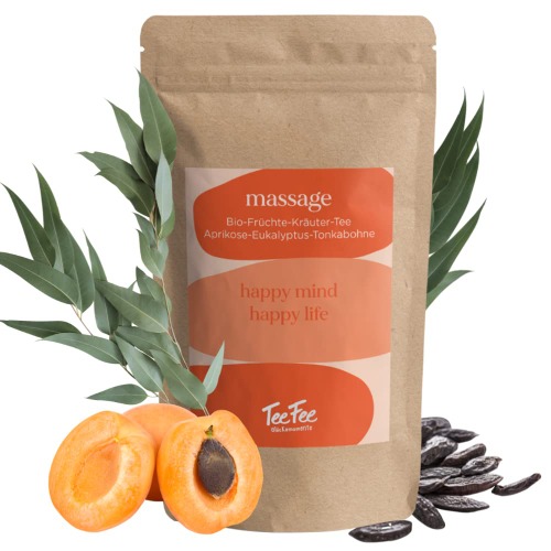 Massage | Ekologiskt frukt-ört-te | Tefe | Aprikos, eukalyptus, tonkabutan | DE-Öko-Tex 001 ekologisk kvalitet | 1 x 90 g grovskuren teblandning (koffeinfri, lämplig för barn och gravida kvinnor)