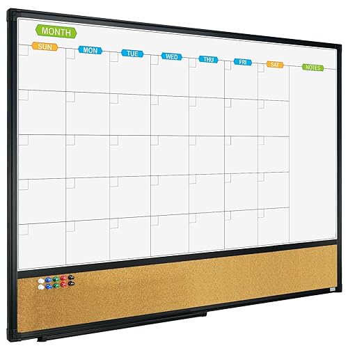 JILoffice Magnetic Calendar Whiteboard & Bulletin Corkboard Combination, Combo Board 36 x 24 Inch, Black Aluminum Frame Wall Mounted Board for Office Home and School with 10 Push Pins - 36"x 24"