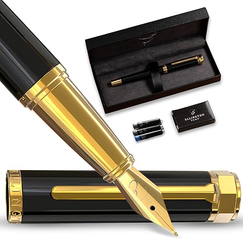 Ellington Pens Luxury Fountain Pen Set- Fountain Pens for Writing - Smooth Fine Nib - Includes Refillable Ink Converter, 3 Ink Cartridges [Black & Blue], Gift Box - Elegant Calligraphy - Noble Heritage - Fine