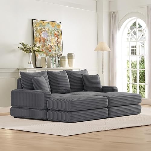 Oversized Chaise Lounge Chair Indoor with Ottoman,86.6" W Corduroy Upholstered Comfy Sofa,Modern Couch with Deep Seat,Leisure Reclining Sleeper Chair for Living Room,Bedroom,Office(3 Seater,Grey) - Grey