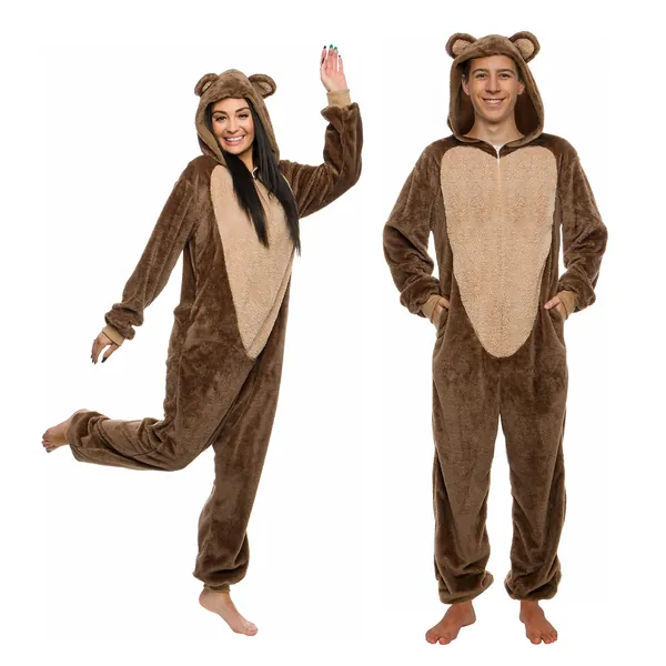 FUNZIEZ! Womens Onesie - Slim Sherpa Bear Costume - Teddy Bear Animal Pajamas