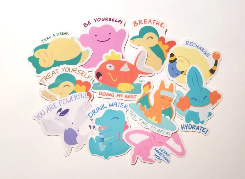 Self Care Pokemon Stickers | Cyndaquil Mudkip Ditto Snorlax Mareep Magikarp Lugia Charizard Mew Totodile