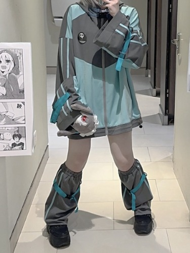 [$51.00]Gray and Mint Green Colorblock Design Jirai Kei Hooded Jacket