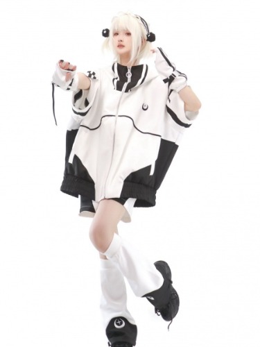 [$72.50]Black and White Full Zip Jacket Elbow-length Sleeves Jirai Kei Sweatershirt without Hoodie