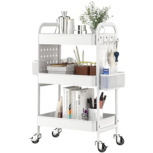 TOOLF 3-Tier Rolling Cart, Metal Utility Storage Cart with DIY Pegboards, Art Craft Trolley with Baskets Hooks, Organizer Serving Cart Easy Assemble for Office, Home, Kitchen, Classroom, White - White